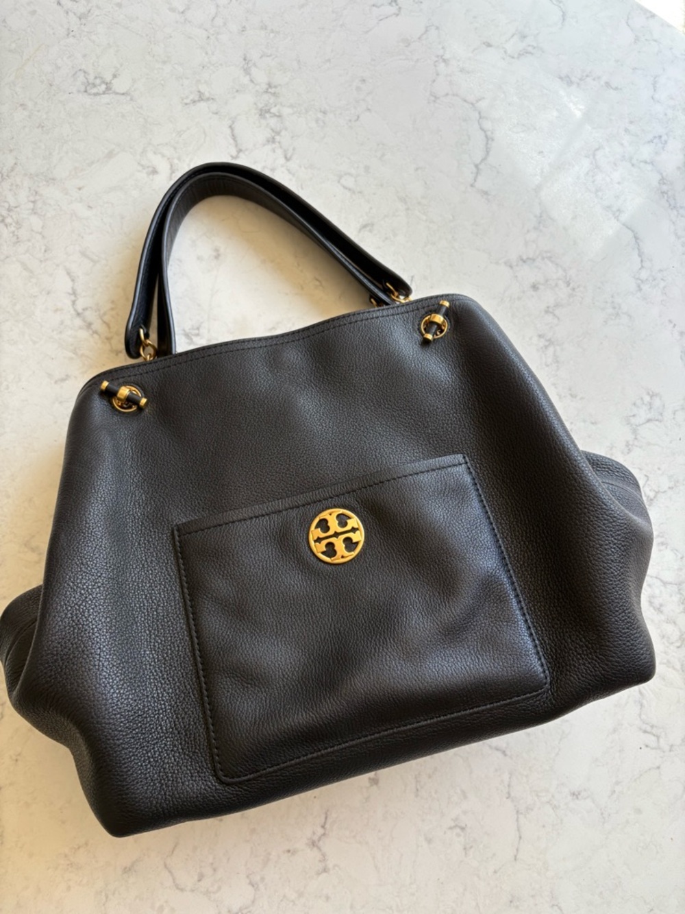 Tory Burch Black Pebbled Leather Shoulder Bag with Gold Hardware